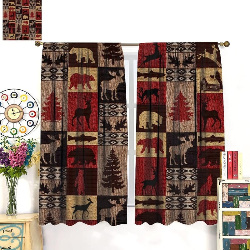 Kazynee Vintage Check Black Bear Blackout Curtains - Rustic Country Farmhouse Cabin Elk Tree Plaid Rod Pocket Window Treatment Set Energy Saving Thermal Insulated Drapes,2 Panels 45L x 21W - Image 3
